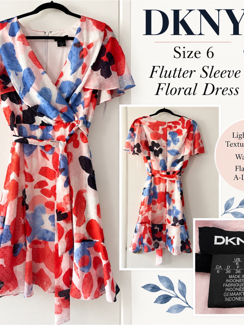 DKNY Floral Flutter Sleeve Wrap Dress Size 6
